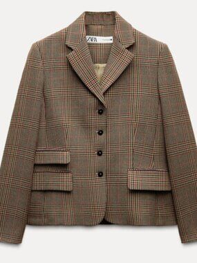 ZARA WOMAN ZW Collection Check Blazer Light Brown Front Pocket Jacket, sz.XS NEW
